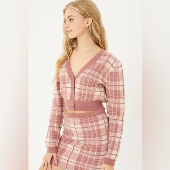 Solid Plaid Snug Waist Casual Cropped Cardigan - Picture 3 of 4